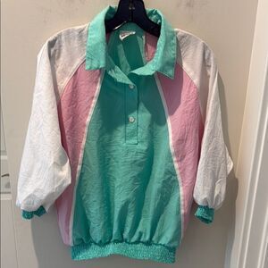 Teddi Sports Retro Green and Pink Color-Block Pullover Track Shirt size M/S